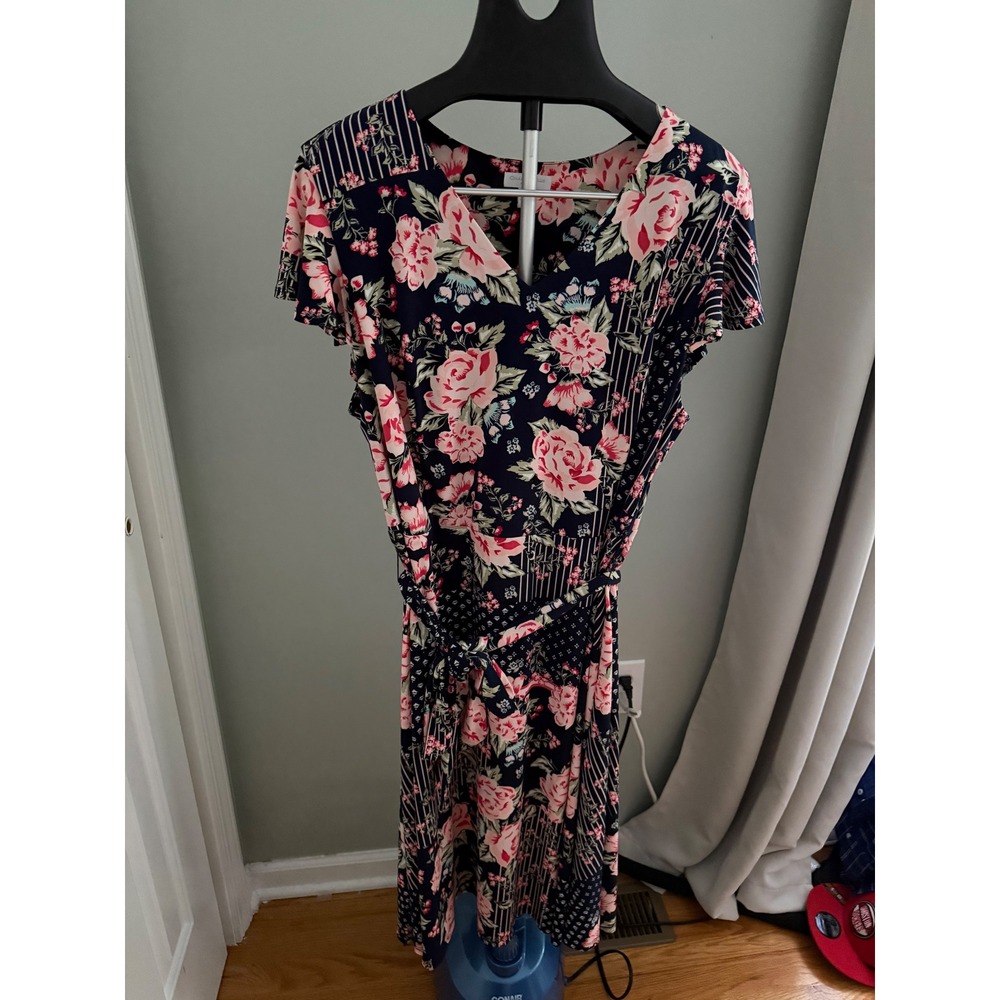 Charter Club Floral Faux Wrap Dress Plus 2X Navy Pink Midi Stretch Casual